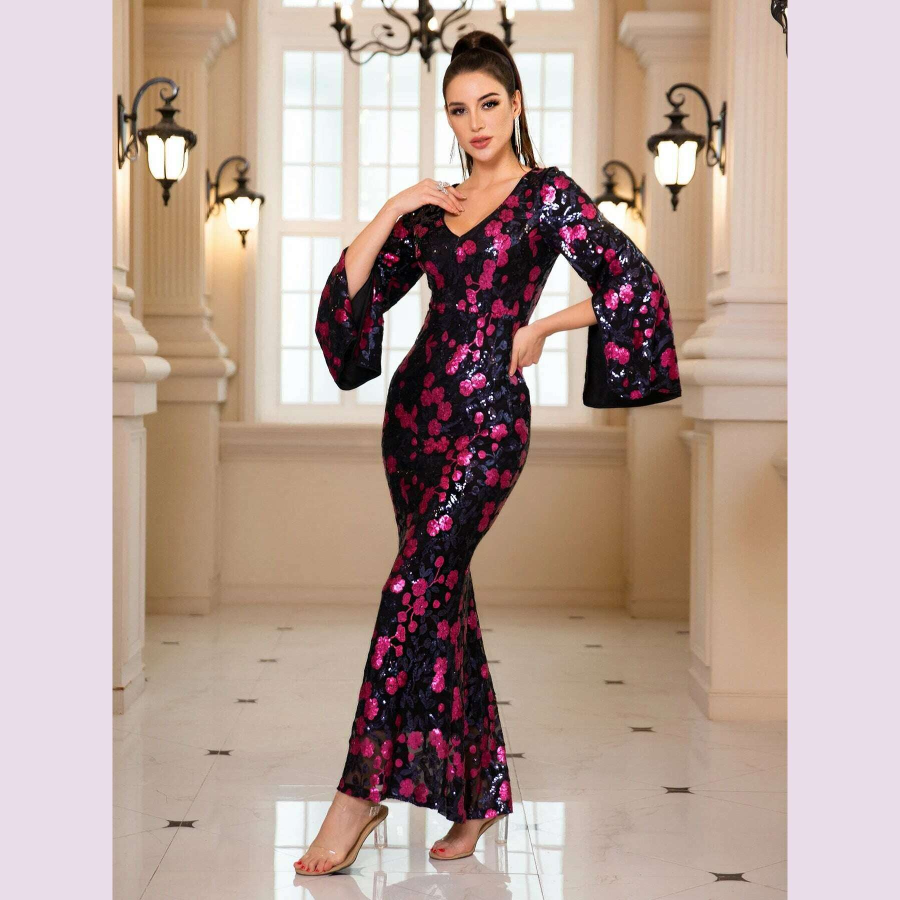 Floral Sequined Long Prom Dresses for Women V Neck Flare Sleeves Evening Party Maxi Gown - KIMLUD
