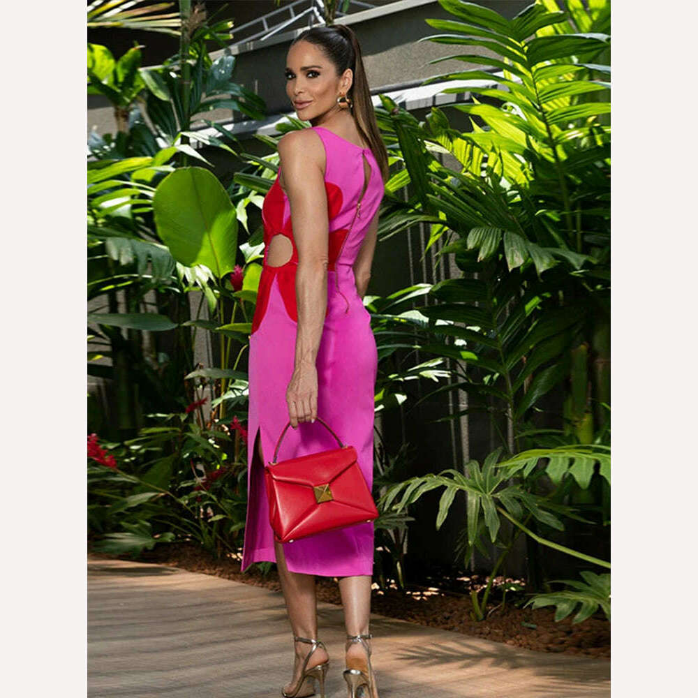KIMLUD, Flower Printed Hollow Out Sleeveless Split Midi Dress Elegant Zipper Slash Neck Suspender Robe 2023 Women Chic High Streetwear, KIMLUD Womens Clothes