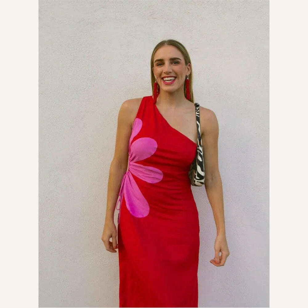 KIMLUD, Flower Printed Hollow Out Sleeveless Split Midi Dress Elegant Zipper Slash Neck Suspender Robe 2023 Women Chic High Streetwear, Red / S, KIMLUD APPAREL - Womens Clothes