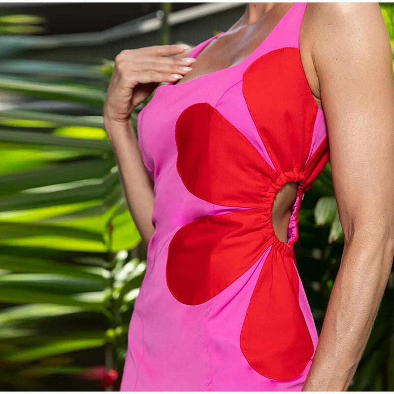 KIMLUD, Flower Printed Hollow Out Sleeveless Split Midi Dress Elegant Zipper Slash Neck Suspender Robe 2023 Women Chic High Streetwear, KIMLUD Womens Clothes