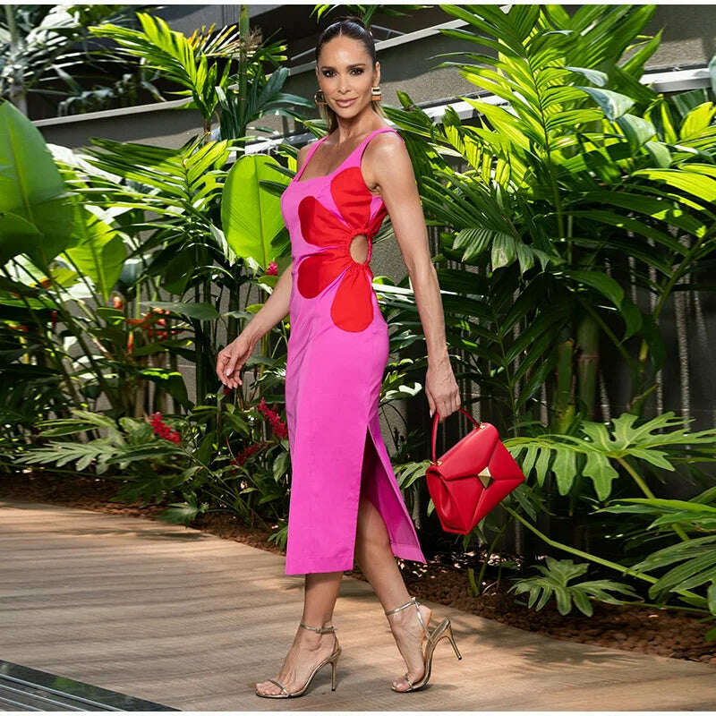 KIMLUD, Flower Printed Hollow Out Sleeveless Split Midi Dress Elegant Zipper Slash Neck Suspender Robe 2023 Women Chic High Streetwear, KIMLUD Womens Clothes