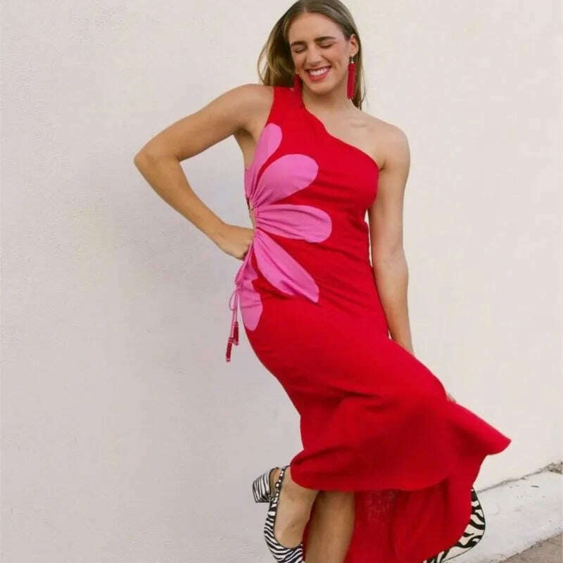 KIMLUD, Flower Printed Hollow Out Sleeveless Split Midi Dress Elegant Zipper Slash Neck Suspender Robe 2023 Women Chic High Streetwear, KIMLUD Womens Clothes
