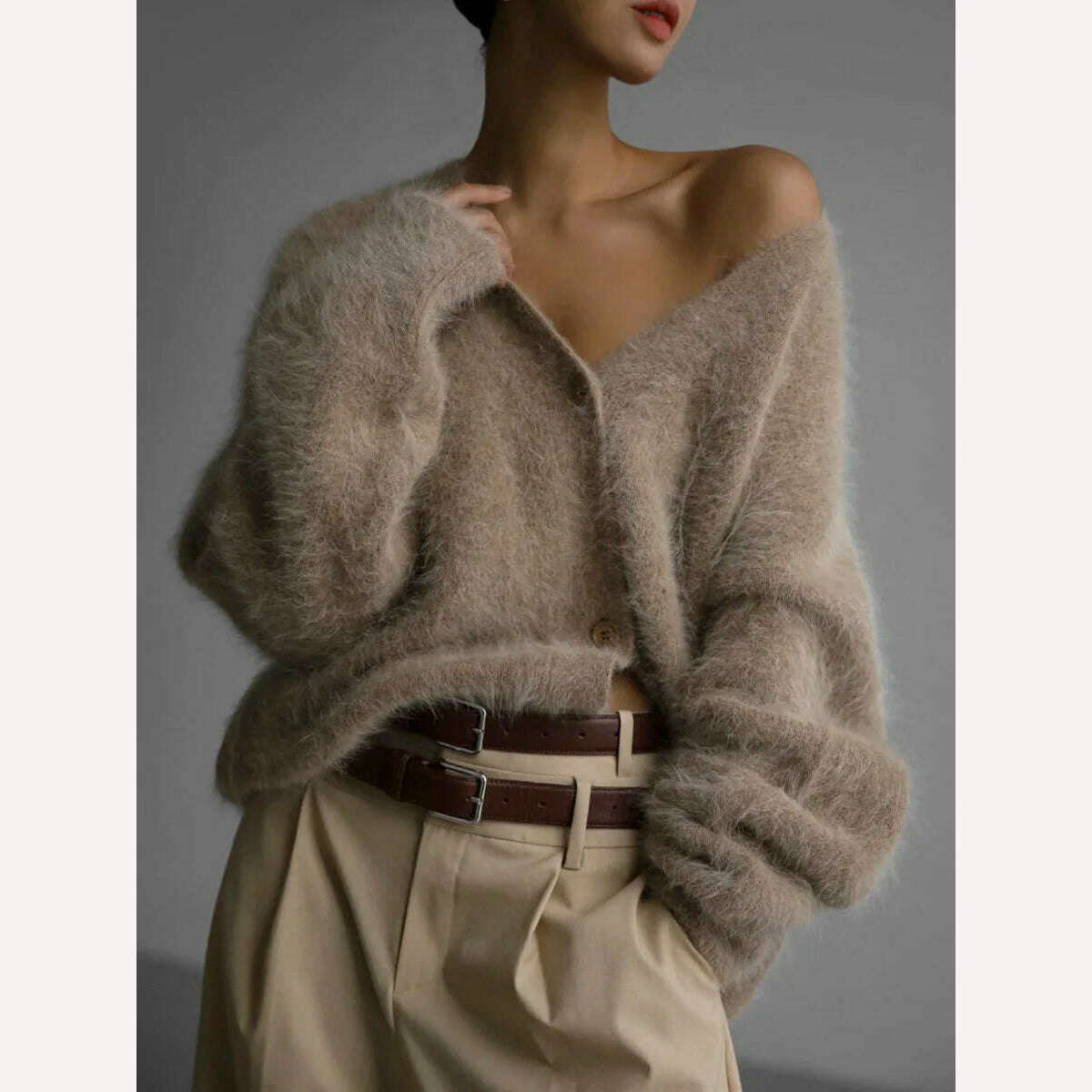 KIMLUD, Fluffy Mohair Cardigan For Women V-Neck Button Up Oversize Cardigan Sweater Autumn Winter Warm Knitted Outerwear, KIMLUD Women's Clothes