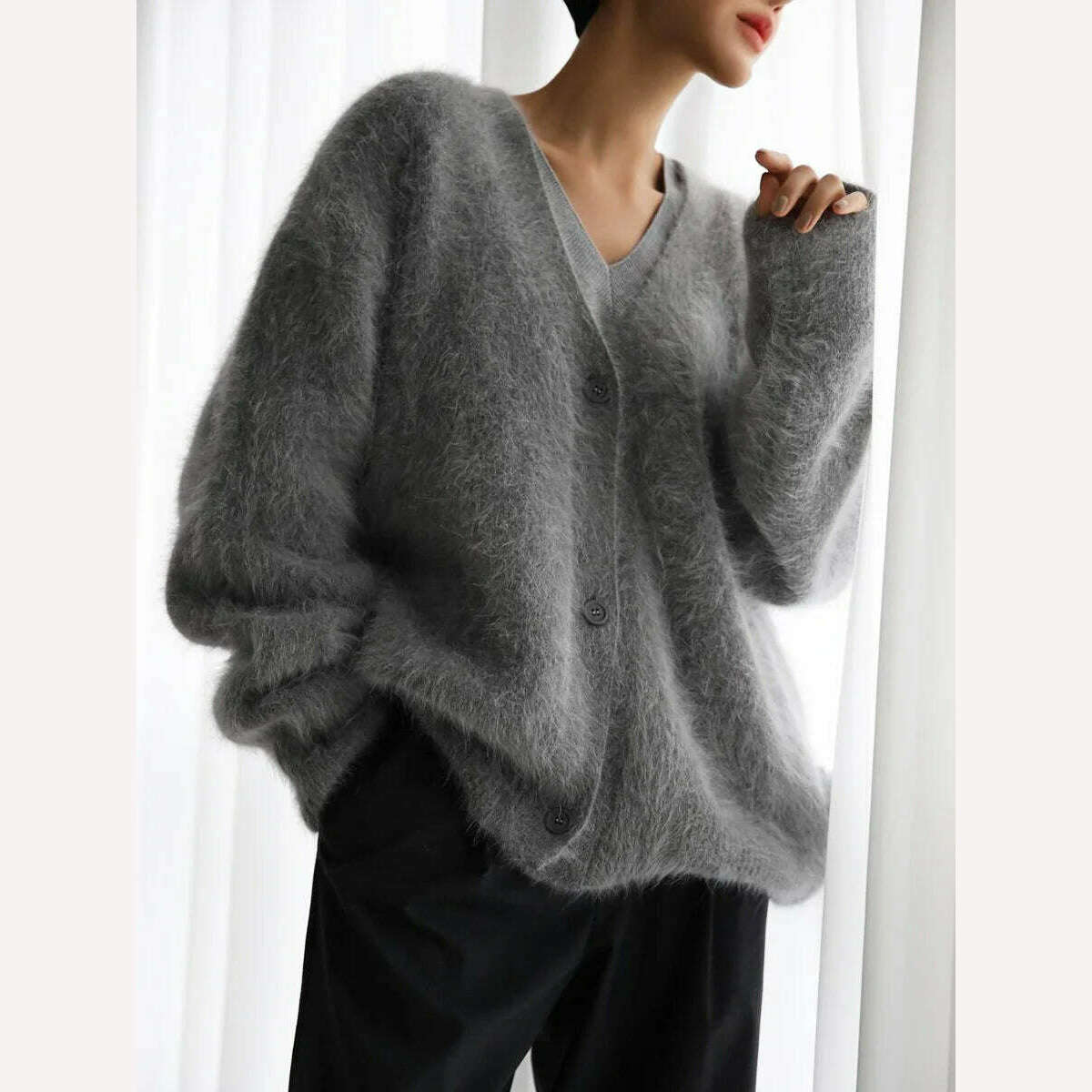 KIMLUD, Fluffy Mohair Cardigan For Women V-Neck Button Up Oversize Cardigan Sweater Autumn Winter Warm Knitted Outerwear, Dark Grey / S, KIMLUD Womens Clothes