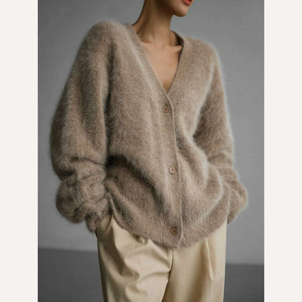 KIMLUD, Fluffy Mohair Cardigan For Women V-Neck Button Up Oversize Cardigan Sweater Autumn Winter Warm Knitted Outerwear, Khaki / S, KIMLUD Womens Clothes