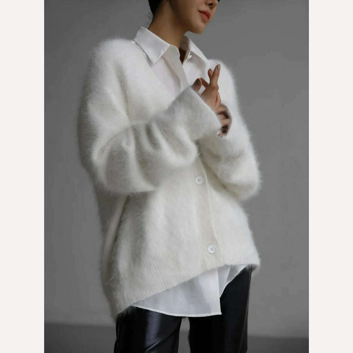 KIMLUD, Fluffy Mohair Cardigan For Women V-Neck Button Up Oversize Cardigan Sweater Autumn Winter Warm Knitted Outerwear, WHITE / S, KIMLUD APPAREL - Womens Clothes