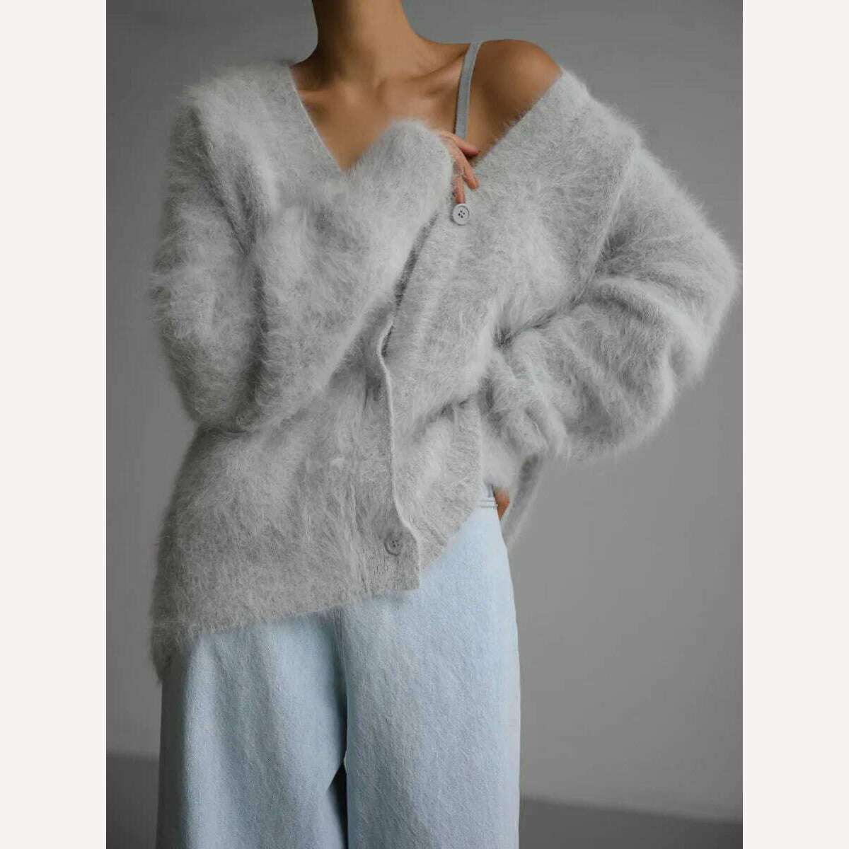 KIMLUD, Fluffy Mohair Cardigan For Women V-Neck Button Up Oversize Cardigan Sweater Autumn Winter Warm Knitted Outerwear, Light Grey / S, KIMLUD Womens Clothes