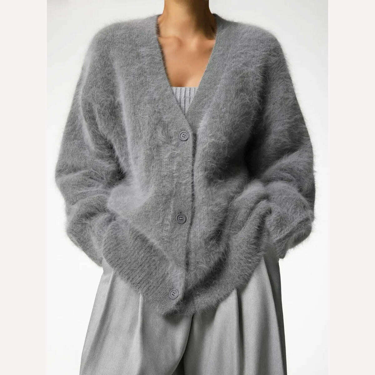 KIMLUD, Fluffy Mohair Cardigan For Women V-Neck Button Up Oversize Cardigan Sweater Autumn Winter Warm Knitted Outerwear, KIMLUD Womens Clothes