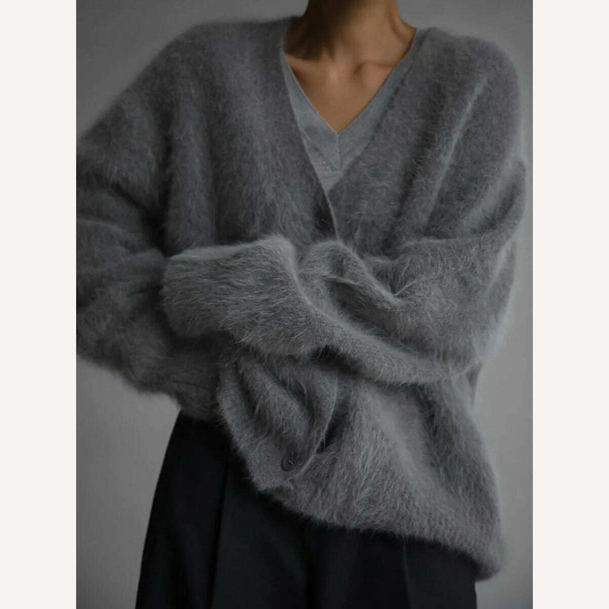 KIMLUD, Fluffy Mohair Cardigan For Women V-Neck Button Up Oversize Cardigan Sweater Autumn Winter Warm Knitted Outerwear, KIMLUD Womens Clothes