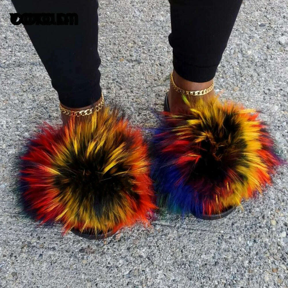 KIMLUD, Fluffy Raccoon Fur Slippers Shoes Women Fur Flip Flop Flat Furry Fur Slides Outdoor Sandals Fuzzy Slippers Woman Amazing Shoes, KIMLUD Womens Clothes