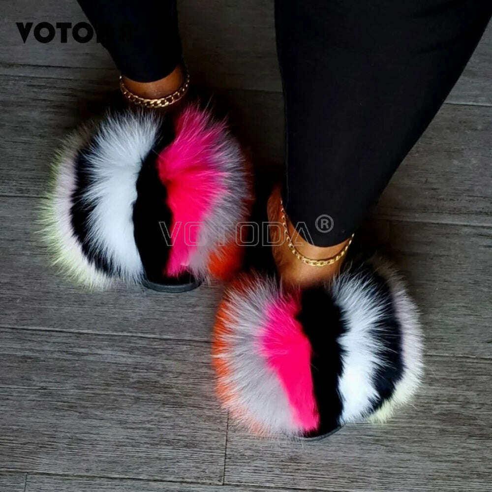 KIMLUD, Fluffy Raccoon Fur Slippers Shoes Women Fur Flip Flop Flat Furry Fur Slides Outdoor Sandals Fuzzy Slippers Woman Amazing Shoes, KIMLUD Womens Clothes