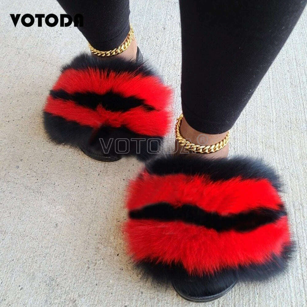 KIMLUD, Fluffy Raccoon Fur Slippers Shoes Women Fur Flip Flop Flat Furry Fur Slides Outdoor Sandals Fuzzy Slippers Woman Amazing Shoes, KIMLUD Womens Clothes