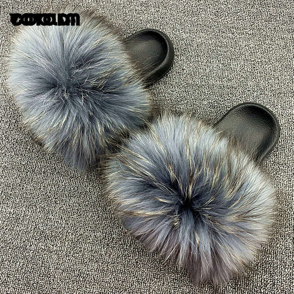KIMLUD, Fluffy Raccoon Fur Slippers Shoes Women Fur Flip Flop Flat Furry Fur Slides Outdoor Sandals Fuzzy Slippers Woman Amazing Shoes, KIMLUD Womens Clothes