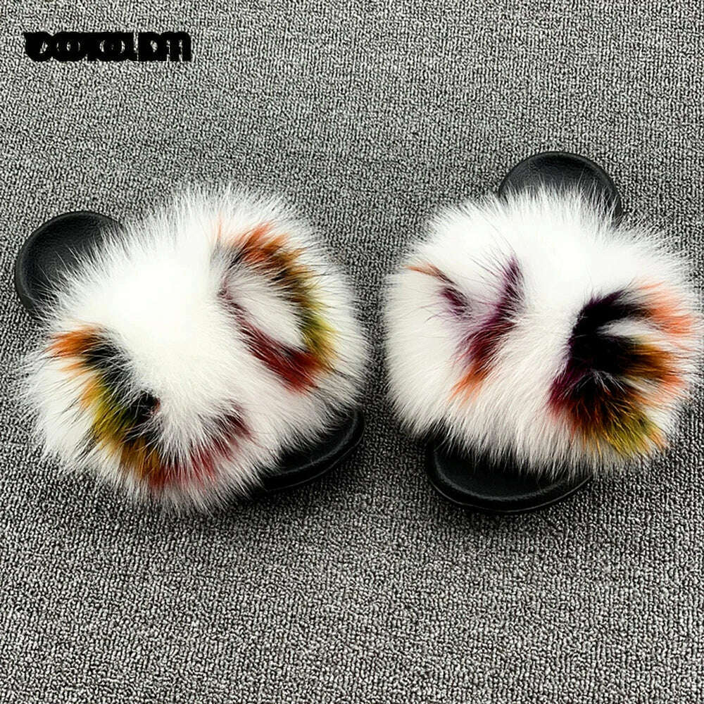 KIMLUD, Fluffy Raccoon Fur Slippers Shoes Women Fur Flip Flop Flat Furry Fur Slides Outdoor Sandals Fuzzy Slippers Woman Amazing Shoes, KIMLUD Womens Clothes