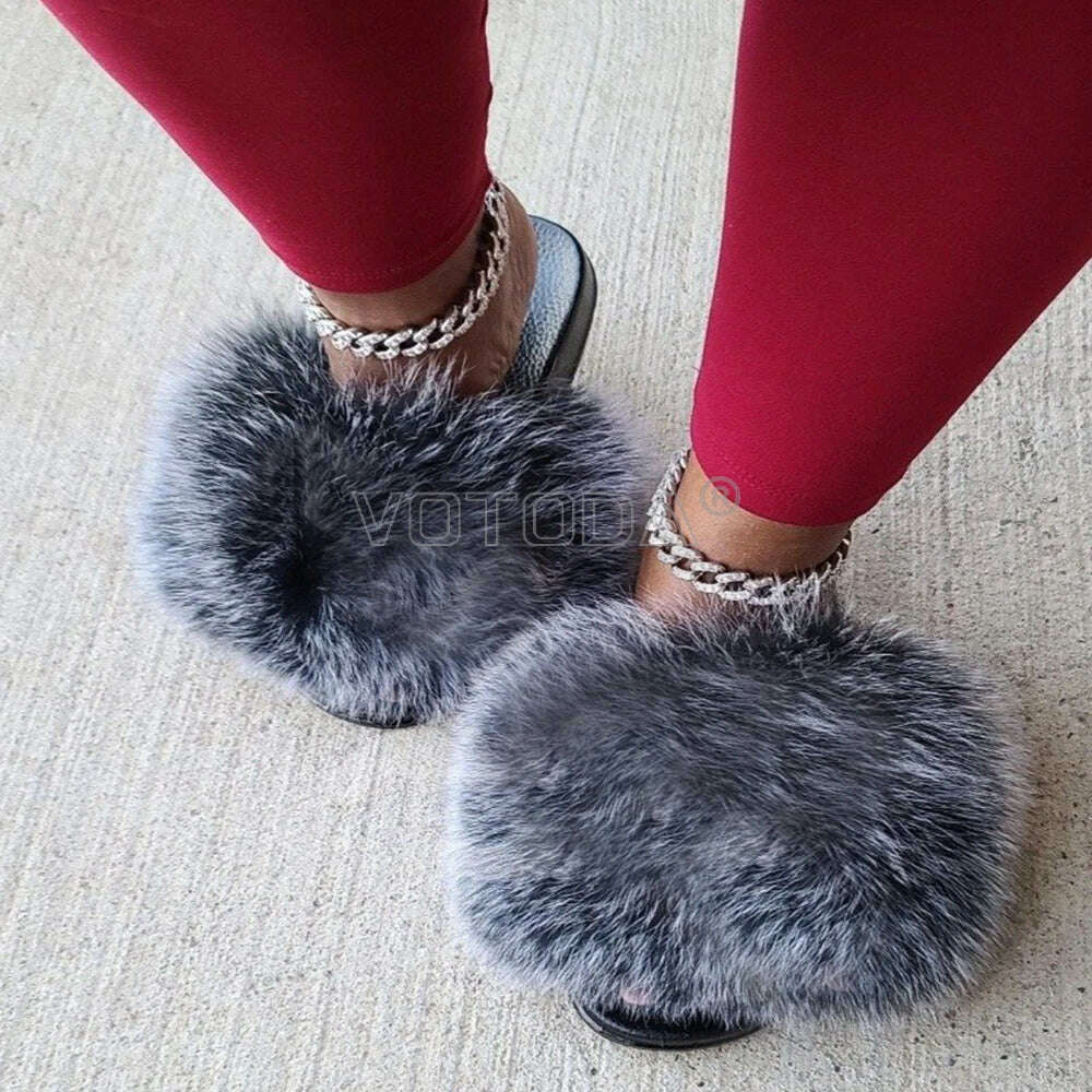 KIMLUD, Fluffy Raccoon Fur Slippers Shoes Women Fur Flip Flop Flat Furry Fur Slides Outdoor Sandals Fuzzy Slippers Woman Amazing Shoes, KIMLUD Womens Clothes