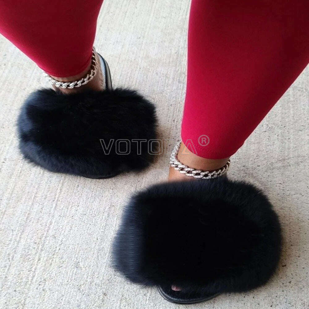 KIMLUD, Fluffy Raccoon Fur Slippers Shoes Women Fur Flip Flop Flat Furry Fur Slides Outdoor Sandals Fuzzy Slippers Woman Amazing Shoes, KIMLUD Womens Clothes