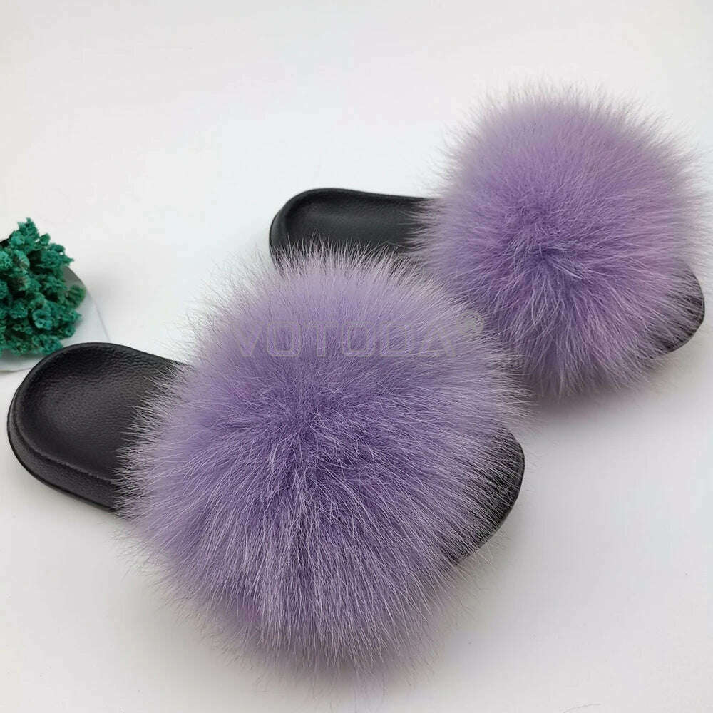 KIMLUD, Fluffy Raccoon Fur Slippers Shoes Women Fur Flip Flop Flat Furry Fur Slides Outdoor Sandals Fuzzy Slippers Woman Amazing Shoes, KIMLUD Womens Clothes