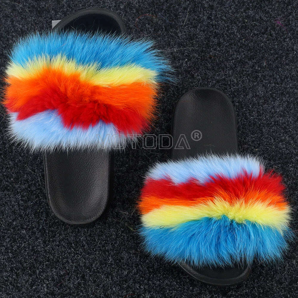 KIMLUD, Fluffy Raccoon Fur Slippers Shoes Women Fur Flip Flop Flat Furry Fur Slides Outdoor Sandals Fuzzy Slippers Woman Amazing Shoes, As picture / 11, KIMLUD APPAREL - Womens Clothes