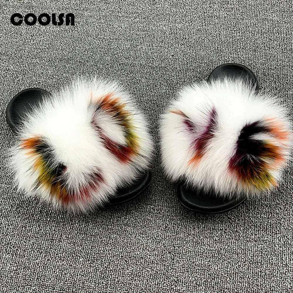 KIMLUD, Fluffy Raccoon Fur Slippers Shoes Women Fur Flip Flop Flat Furry Fur Slides Outdoor Sandals Fuzzy Slippers Woman Amazing Shoes, mixed LOVE / 9, KIMLUD APPAREL - Womens Clothes