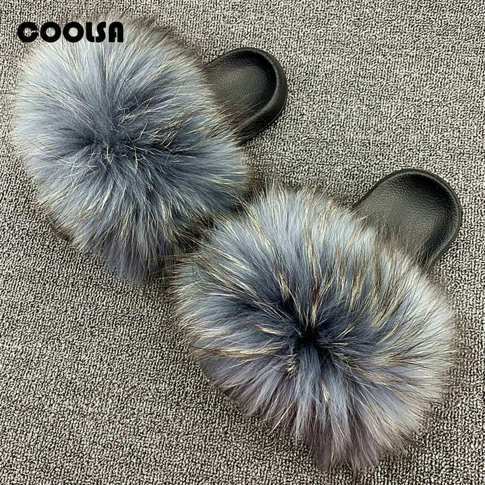 KIMLUD, Fluffy Raccoon Fur Slippers Shoes Women Fur Flip Flop Flat Furry Fur Slides Outdoor Sandals Fuzzy Slippers Woman Amazing Shoes, KIMLUD Womens Clothes