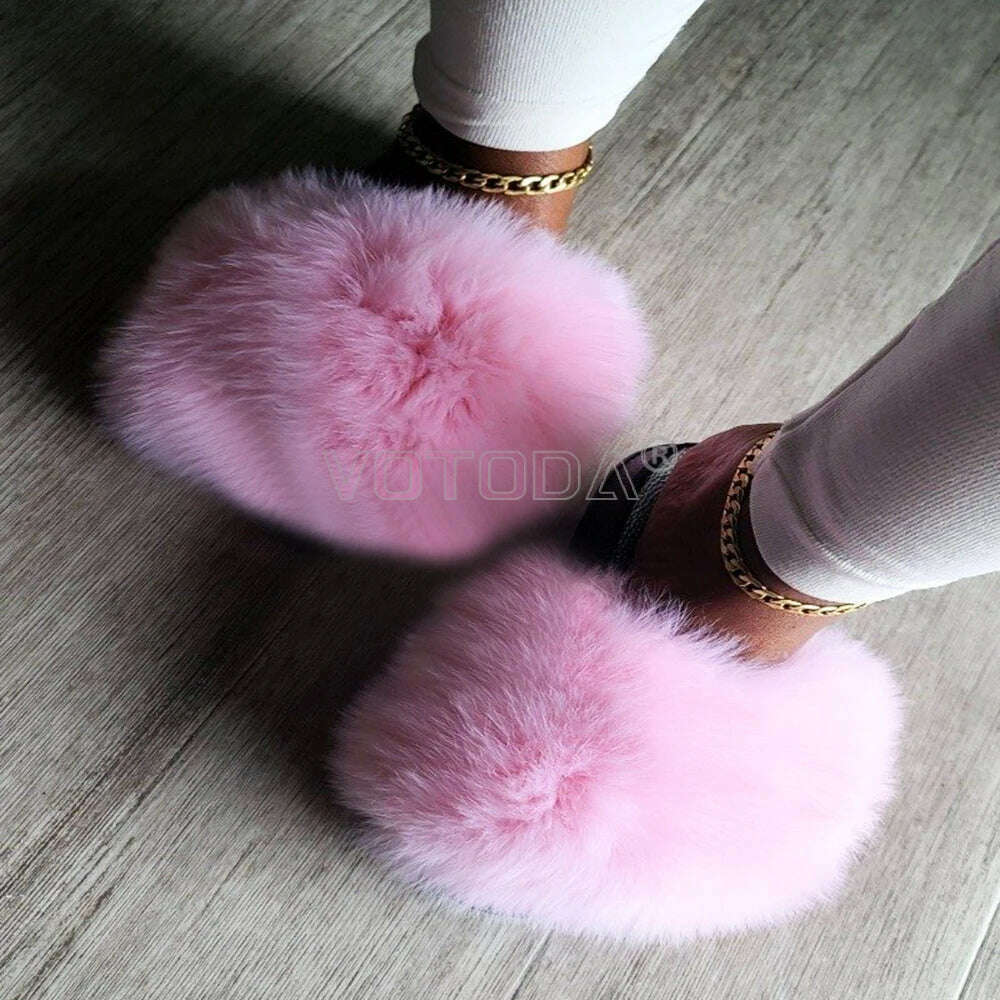 KIMLUD, Fluffy Raccoon Fur Slippers Shoes Women Fur Flip Flop Flat Furry Fur Slides Outdoor Sandals Fuzzy Slippers Woman Amazing Shoes, Deep yellow / 5, KIMLUD APPAREL - Womens Clothes