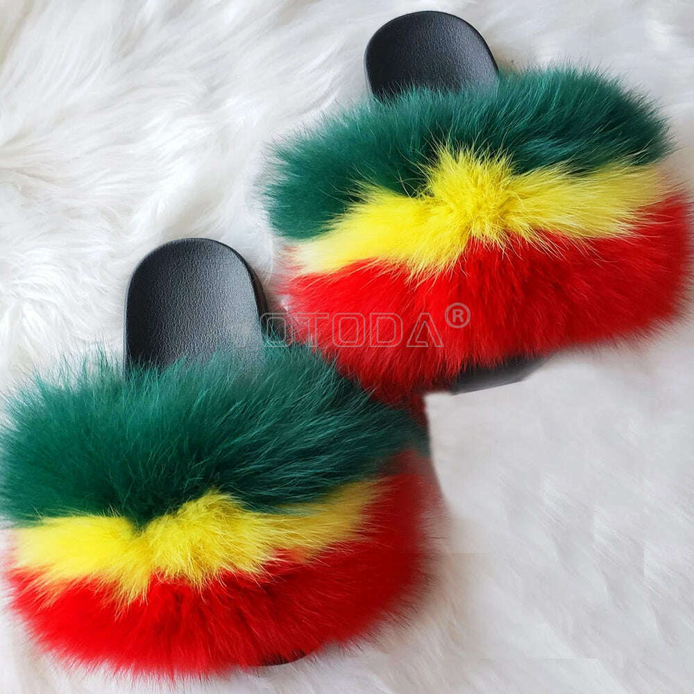 KIMLUD, Fluffy Raccoon Fur Slippers Shoes Women Fur Flip Flop Flat Furry Fur Slides Outdoor Sandals Fuzzy Slippers Woman Amazing Shoes, As picture 1 / 7, KIMLUD APPAREL - Womens Clothes