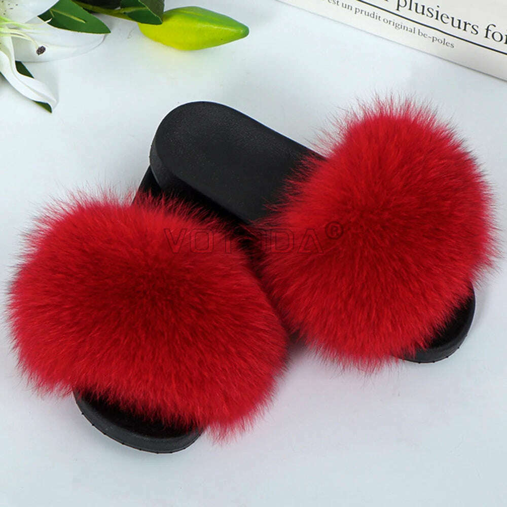 KIMLUD, Fluffy Raccoon Fur Slippers Shoes Women Fur Flip Flop Flat Furry Fur Slides Outdoor Sandals Fuzzy Slippers Woman Amazing Shoes, RED / 11, KIMLUD APPAREL - Womens Clothes