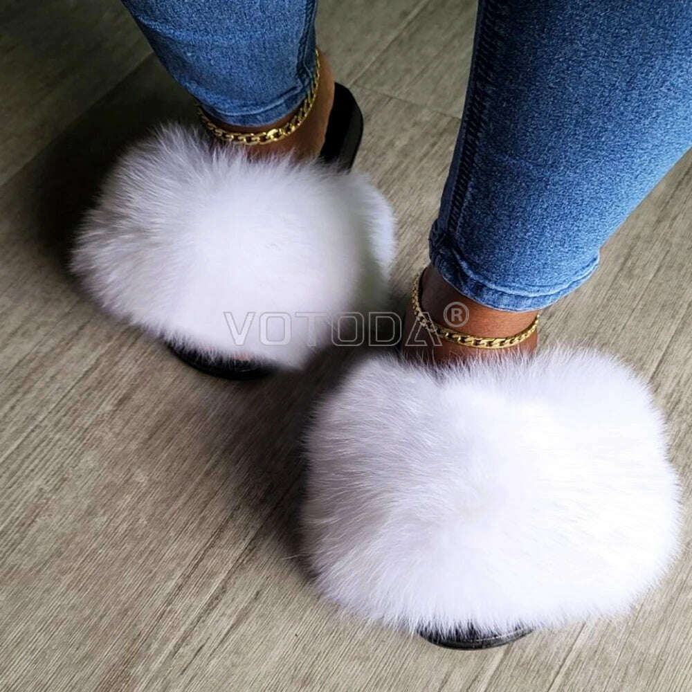 KIMLUD, Fluffy Raccoon Fur Slippers Shoes Women Fur Flip Flop Flat Furry Fur Slides Outdoor Sandals Fuzzy Slippers Woman Amazing Shoes, White / 5, KIMLUD APPAREL - Womens Clothes