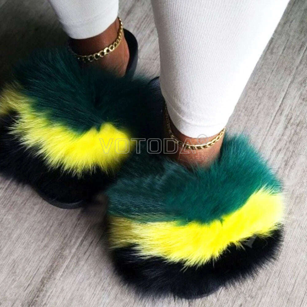 KIMLUD, Fluffy Raccoon Fur Slippers Shoes Women Fur Flip Flop Flat Furry Fur Slides Outdoor Sandals Fuzzy Slippers Woman Amazing Shoes, Green yellow black / 5, KIMLUD APPAREL - Womens Clothes