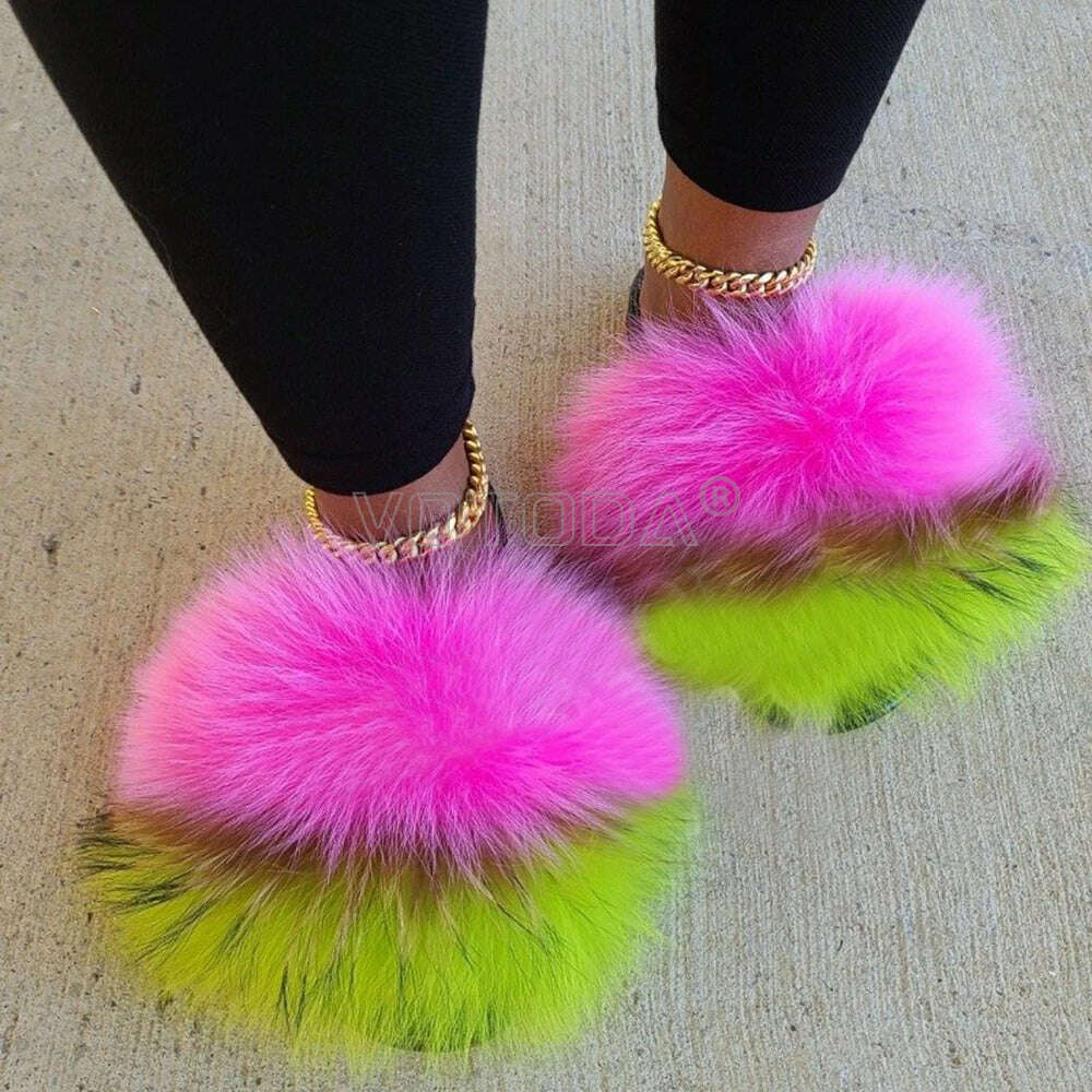 KIMLUD, Fluffy Raccoon Fur Slippers Shoes Women Fur Flip Flop Flat Furry Fur Slides Outdoor Sandals Fuzzy Slippers Woman Amazing Shoes, mixed color E / 11, KIMLUD APPAREL - Womens Clothes