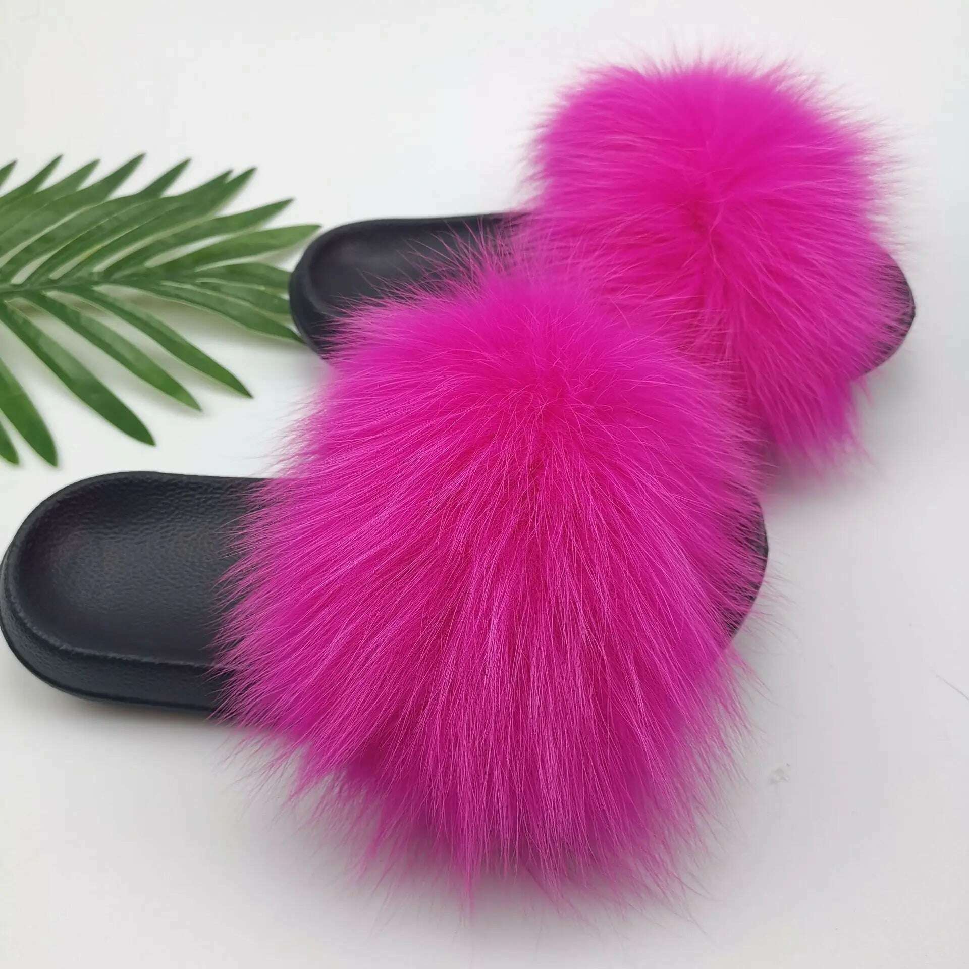 KIMLUD, Fluffy Raccoon Fur Slippers Shoes Women Fur Flip Flop Flat Furry Fur Slides Outdoor Sandals Fuzzy Slippers Woman Amazing Shoes, Rose Red / 7, KIMLUD APPAREL - Womens Clothes