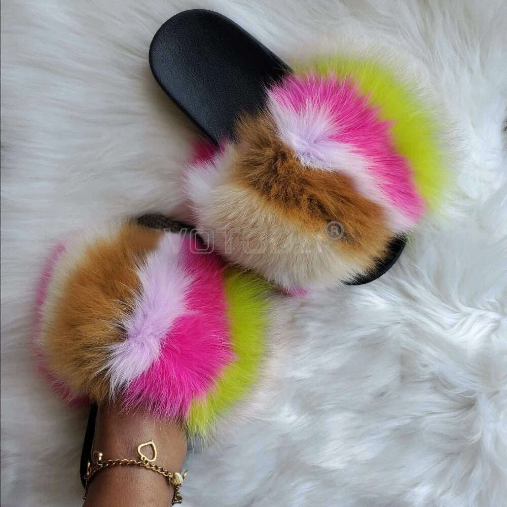 KIMLUD, Fluffy Raccoon Fur Slippers Shoes Women Fur Flip Flop Flat Furry Fur Slides Outdoor Sandals Fuzzy Slippers Woman Amazing Shoes, KIMLUD Womens Clothes