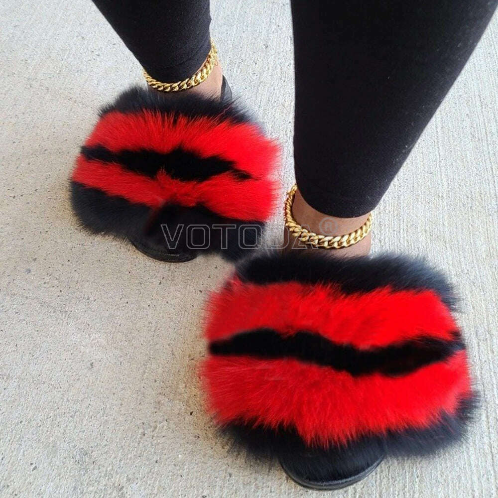 KIMLUD, Fluffy Raccoon Fur Slippers Shoes Women Fur Flip Flop Flat Furry Fur Slides Outdoor Sandals Fuzzy Slippers Woman Amazing Shoes, KIMLUD Womens Clothes