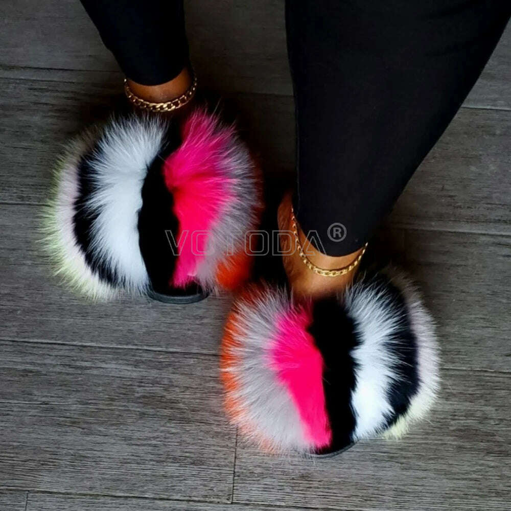 KIMLUD, Fluffy Raccoon Fur Slippers Shoes Women Fur Flip Flop Flat Furry Fur Slides Outdoor Sandals Fuzzy Slippers Woman Amazing Shoes, KIMLUD Womens Clothes
