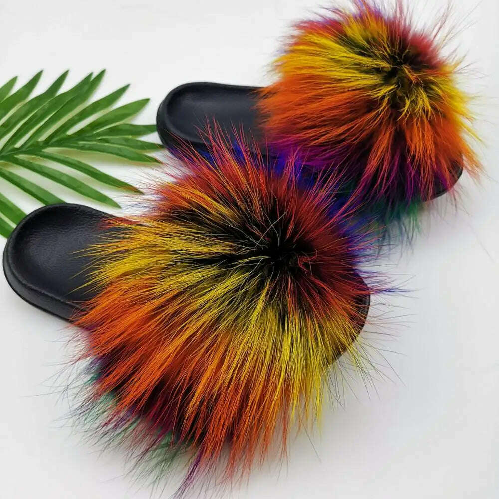 KIMLUD, Fluffy Raccoon Fur Slippers Shoes Women Fur Flip Flop Flat Furry Fur Slides Outdoor Sandals Fuzzy Slippers Woman Amazing Shoes, Raccoon Tie-dye / 7, KIMLUD APPAREL - Womens Clothes