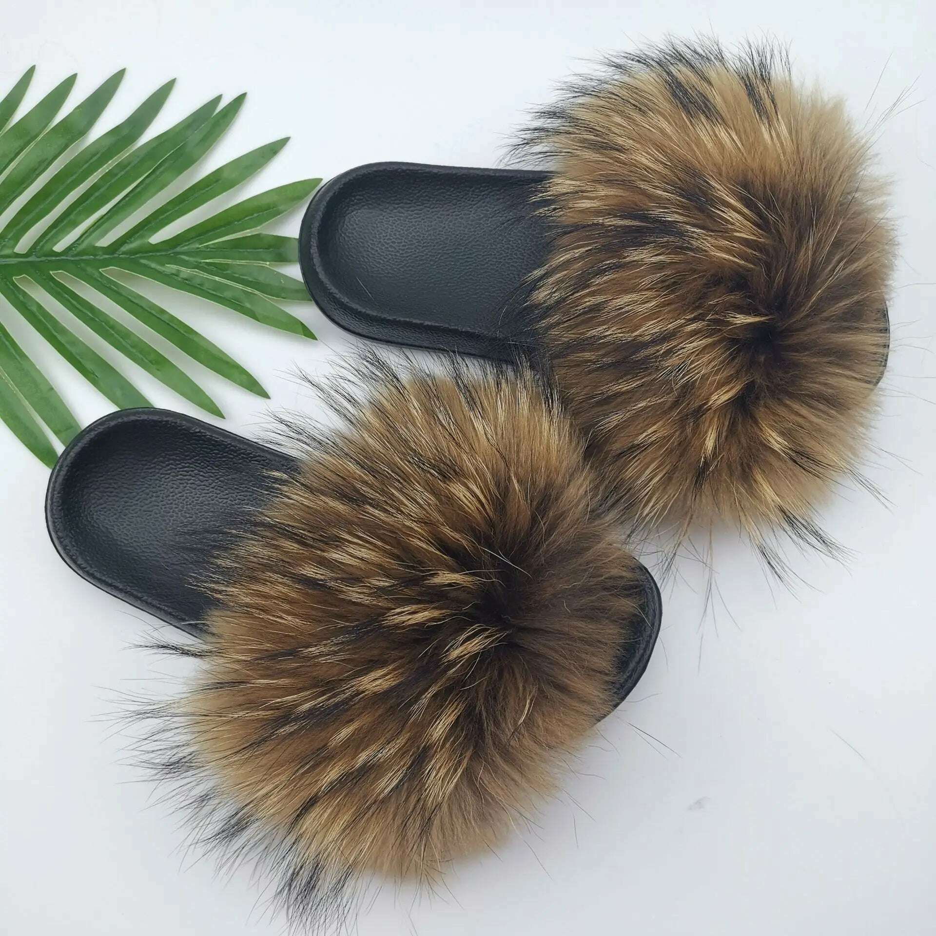 KIMLUD, Fluffy Raccoon Fur Slippers Shoes Women Fur Flip Flop Flat Furry Fur Slides Outdoor Sandals Fuzzy Slippers Woman Amazing Shoes, KIMLUD Womens Clothes