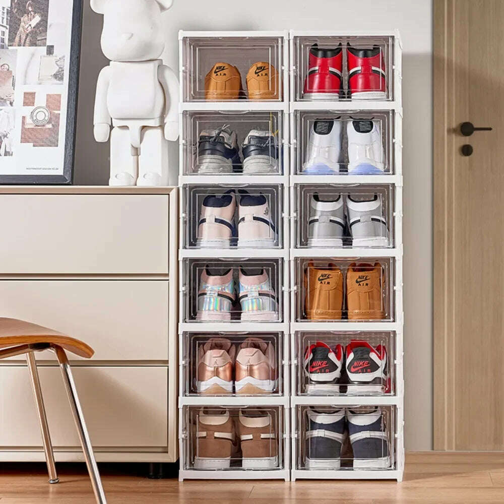 Foldable Shoe Rack Organizer 6 Layers Transparent Tackie Box Collapsible Home Sneaker Storage Stackable Shoes Cabinet For Closet - KIMLUD