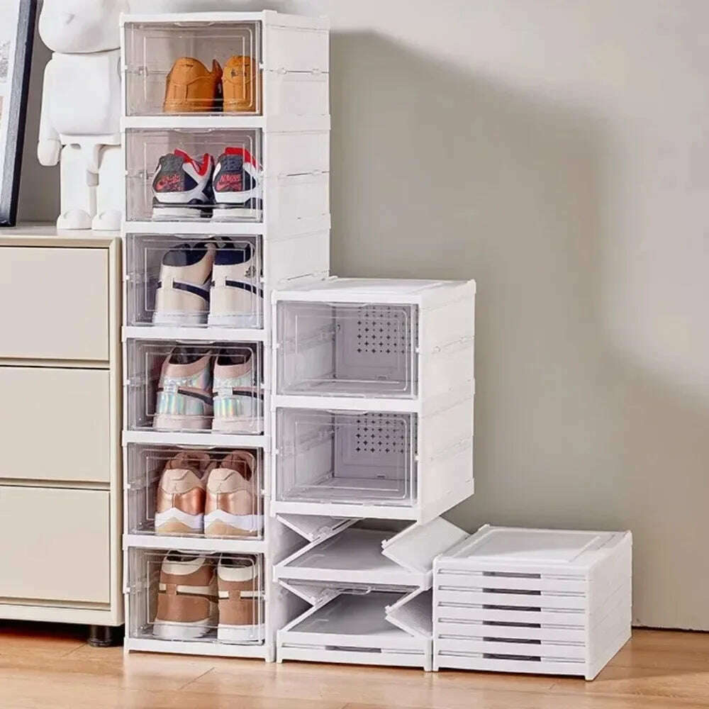 Foldable Shoe Rack Organizer 6 Layers Transparent Tackie Box Collapsible Home Sneaker Storage Stackable Shoes Cabinet For Closet - KIMLUD