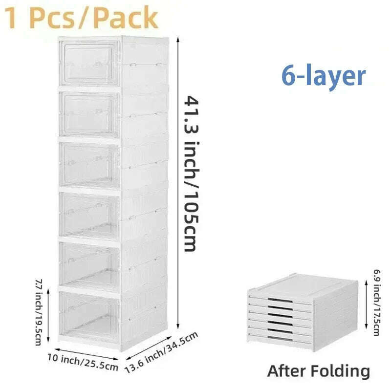 Foldable Shoe Rack Organizer 6 Layers Transparent Tackie Box Collapsible Home Sneaker Storage Stackable Shoes Cabinet For Closet - KIMLUD
