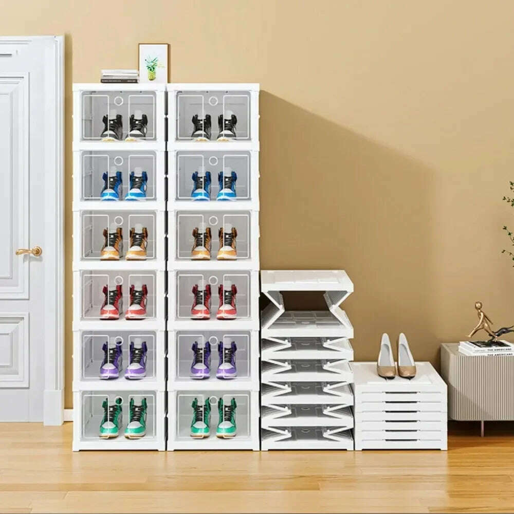 Foldable Shoe Storage Box Stackable Dustproof Transparent Living Room Sneaker Cabinet For Closet Multi Layer Cubby Shoes Rack - KIMLUD