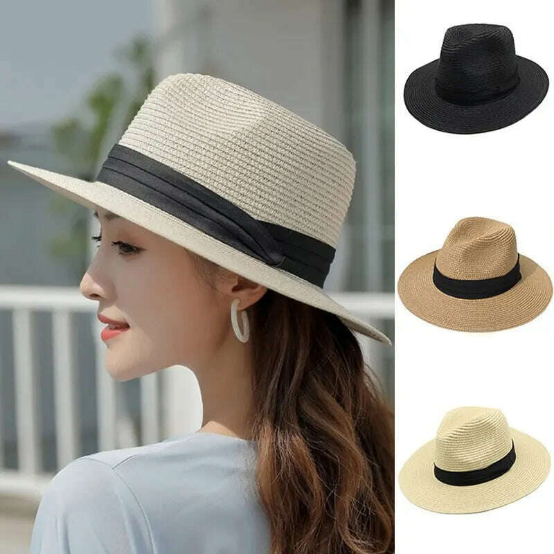 Foldable Straw Sun Hat Wide Brim Summer Floppy Beach Hat Sun Protection Panama Hat for Men Women Packable Foldable Travel - KIMLUD