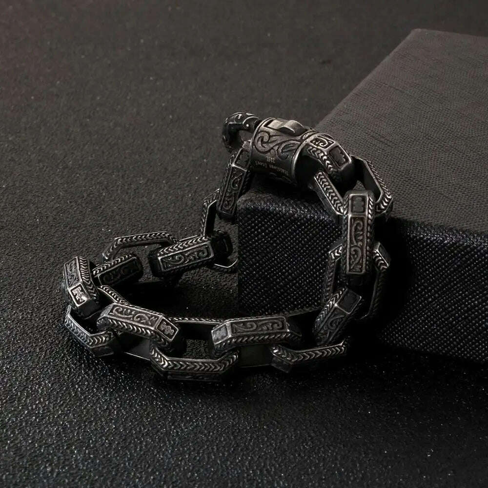 KIMLUD, Fongten Vintage Square Bead Bracelet For Men Black Stainless Steel Viking Punk Charms Heavy Bracelets Fashion Jewelry Wholesale, KIMLUD Womens Clothes