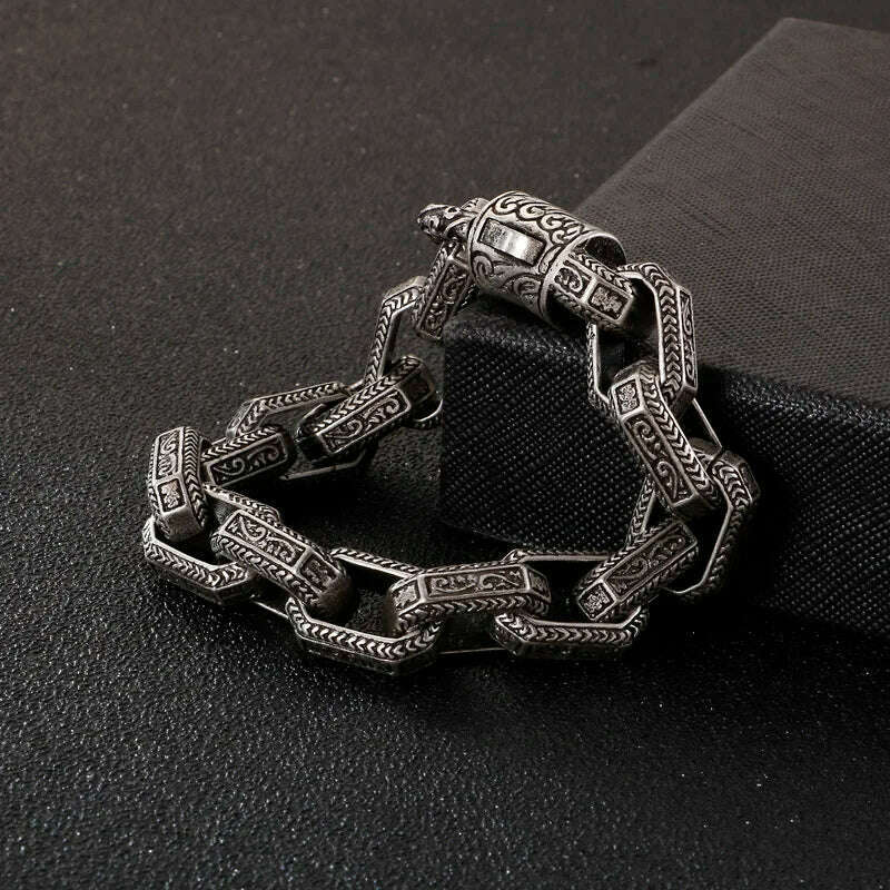 KIMLUD, Fongten Vintage Square Bead Bracelet For Men Black Stainless Steel Viking Punk Charms Heavy Bracelets Fashion Jewelry Wholesale, KIMLUD Womens Clothes