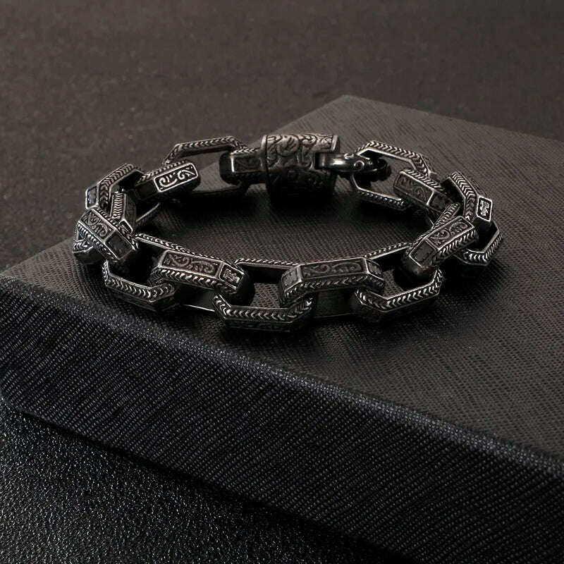 KIMLUD, Fongten Vintage Square Bead Bracelet For Men Black Stainless Steel Viking Punk Charms Heavy Bracelets Fashion Jewelry Wholesale, KIMLUD Womens Clothes