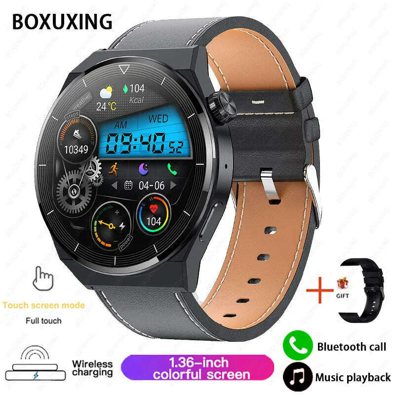 KIMLUD, For Huawei GT3 Pro NFC Smart Watch Men AMOLED 390*390 HD Screen Heart Rate Bluetooth Call IP68 Waterproof SmartWatch 2023 New, Black leather, KIMLUD APPAREL - Womens Clothes