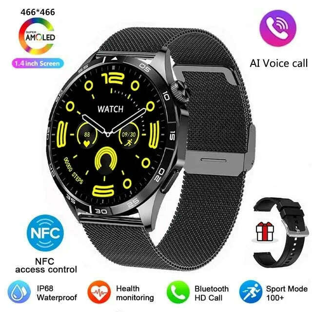 KIMLUD, For HUAWEI WATCH GT4 Pro Max Smart Watch Men Heart Rate NFC 466*466 AMOLED HD Screen Always Display Bluetooth Call SmartWatch, Black Mesh Belt, KIMLUD APPAREL - Womens Clothes