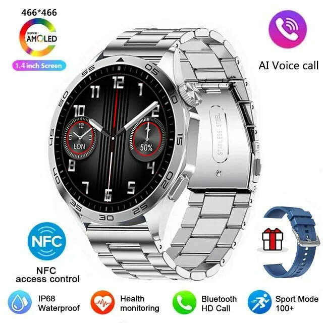 KIMLUD, For HUAWEI WATCH GT4 Pro Max Smart Watch Men Heart Rate NFC 466*466 AMOLED HD Screen Always Display Bluetooth Call SmartWatch, Silver steel Belt, KIMLUD APPAREL - Womens Clothes
