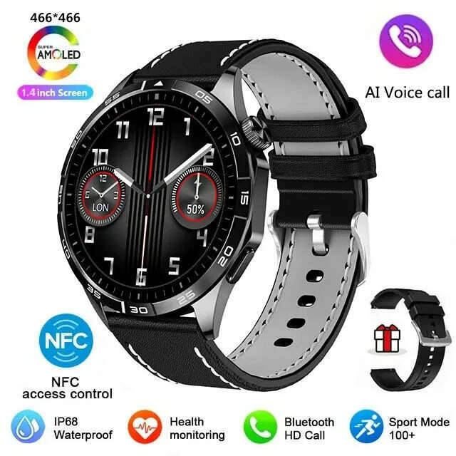 KIMLUD, For HUAWEI WATCH GT4 Pro Max Smart Watch Men Heart Rate NFC 466*466 AMOLED HD Screen Always Display Bluetooth Call SmartWatch, Black leather, KIMLUD APPAREL - Womens Clothes