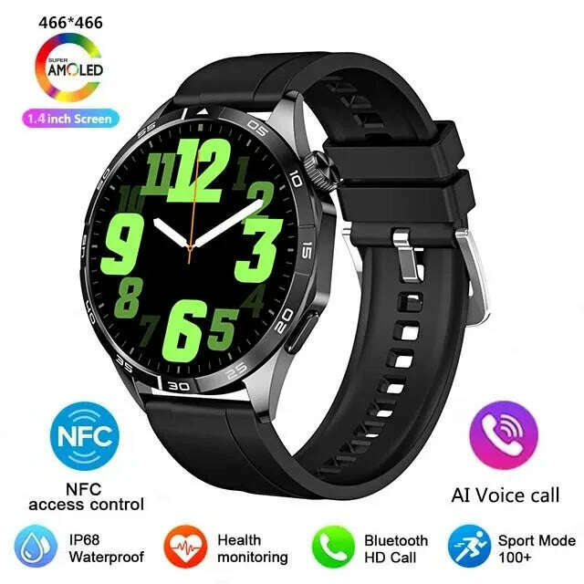 KIMLUD, For HUAWEI WATCH GT4 Pro Max Smart Watch Men Heart Rate NFC 466*466 AMOLED HD Screen Always Display Bluetooth Call SmartWatch, Black, KIMLUD APPAREL - Womens Clothes