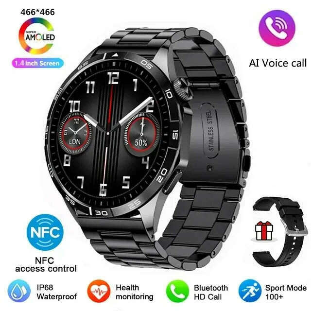 KIMLUD, For HUAWEI WATCH GT4 Pro Max Smart Watch Men Heart Rate NFC 466*466 AMOLED HD Screen Always Display Bluetooth Call SmartWatch, Black Steel Belt, KIMLUD APPAREL - Womens Clothes